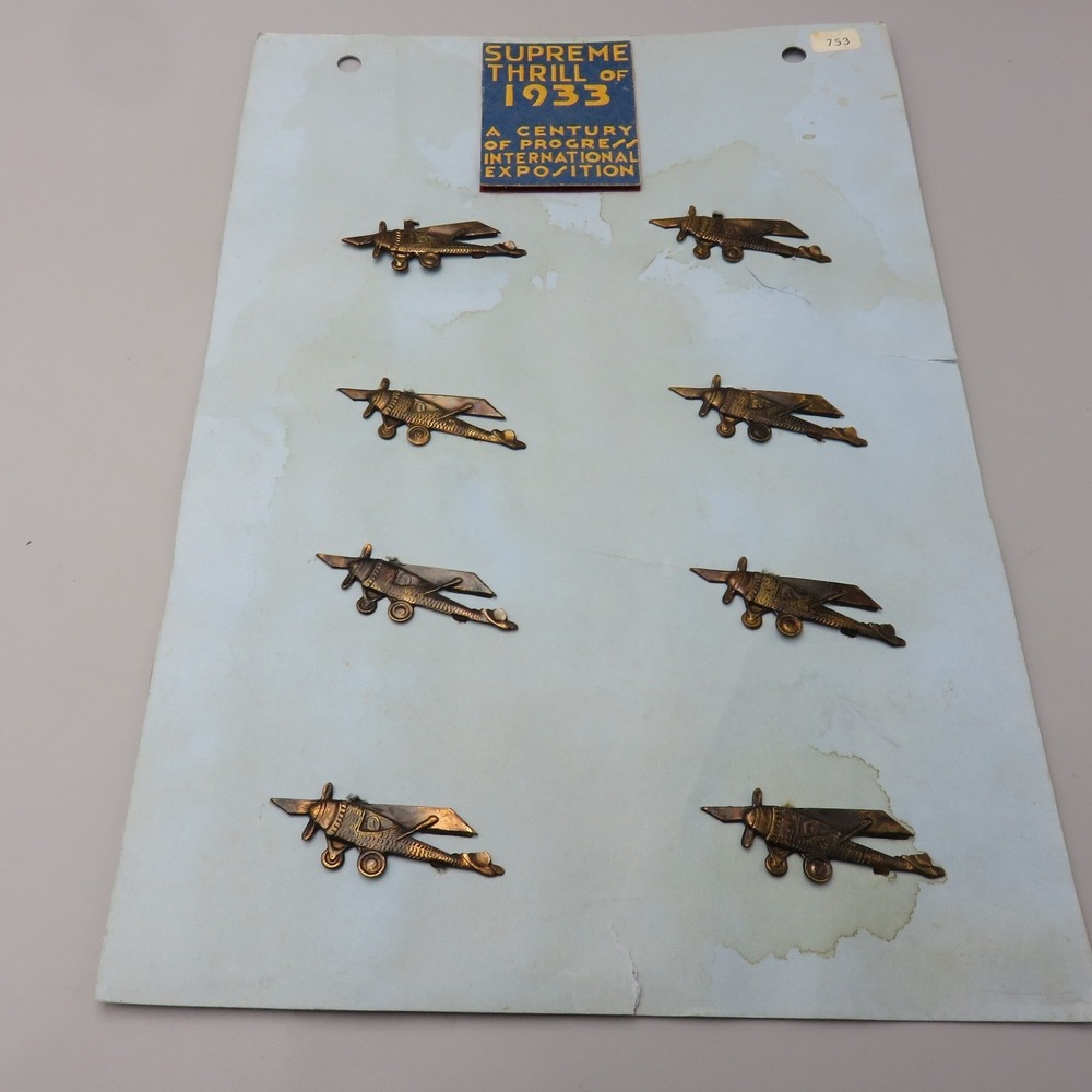 Vintage 1933 Chicago Worlds Fair Airplane Pins Century of Progress Display Card